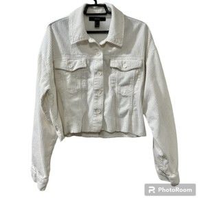 Forever 21 Womens Cream Corduroy Cropped Button Long Sleeve Shirt Jacket Sz LG